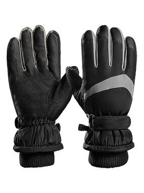 Waterproof Windproof Ski Gloves Touchscreen PU Leather Palm Wool Lined